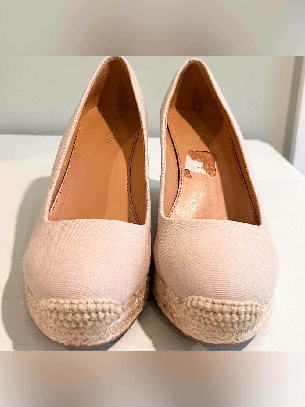 J.Crew Beige Canvas Espadrille Wedge Heels Size 7.5 Neutral Platform Pumps - Picture 6 of 8